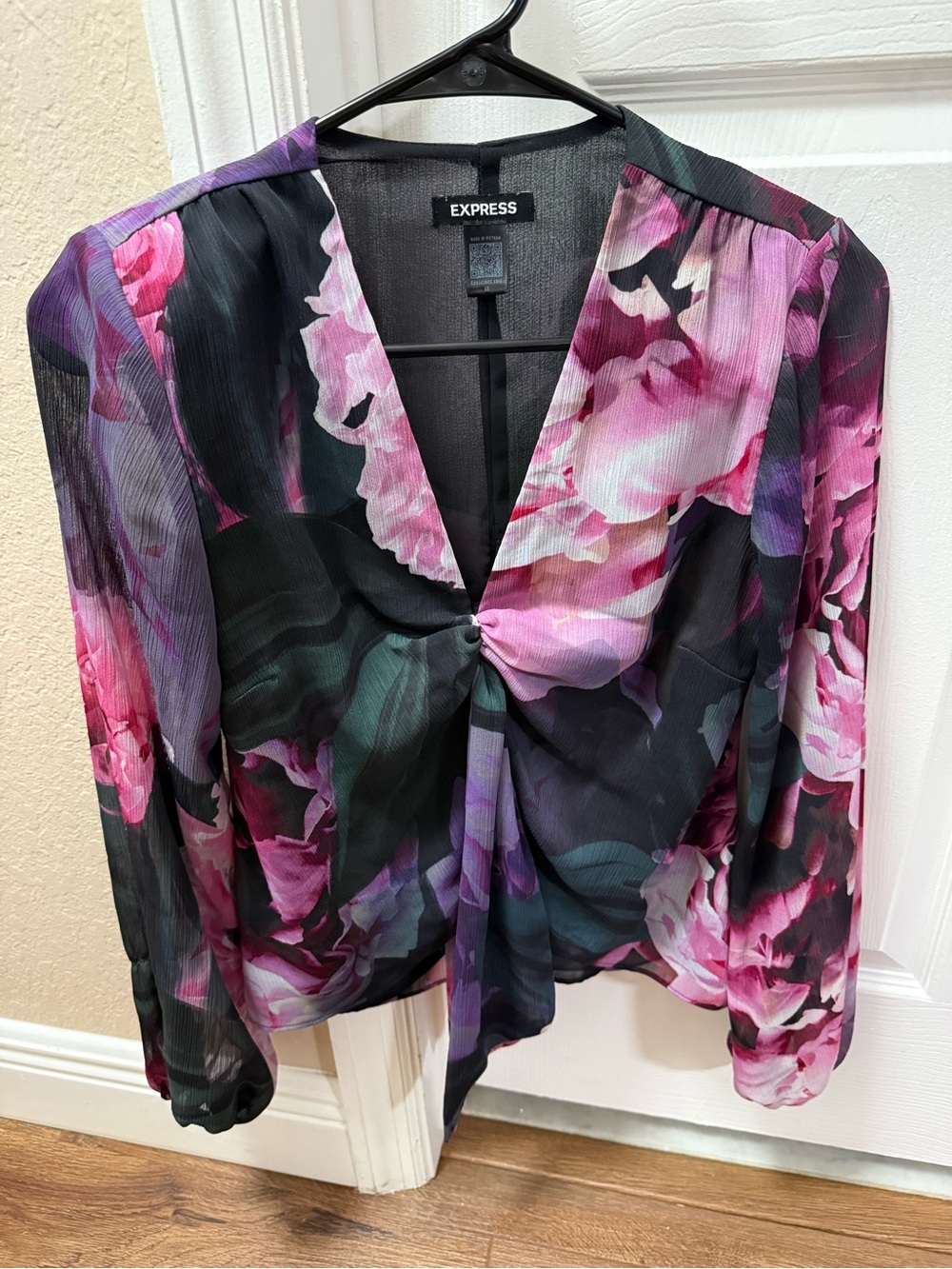 Express Black Floral Twist-Front Blouse with Pink & Purple Blooms